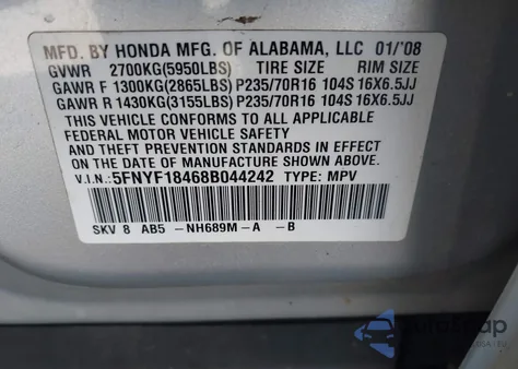 2008 Honda Pilot Ex from USA, damaged, VIN 5FNYF18468B044242